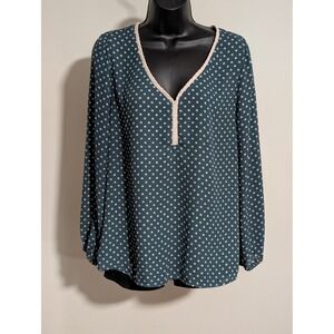 Xhilaration Teal Polka Dot Blouse Long Sleeve V Neck Casual Top Large